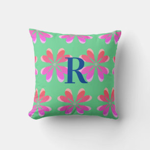 Monogram green pink retro floral cushion