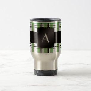 Monogram green plaid travel mug