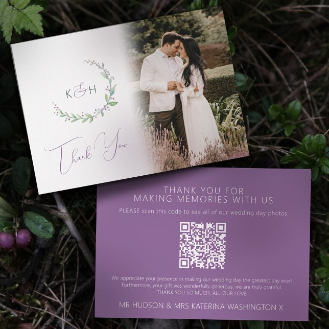 Monogram green purple berry wedding photo QR Code Thank You Card (Creator Uploaded)