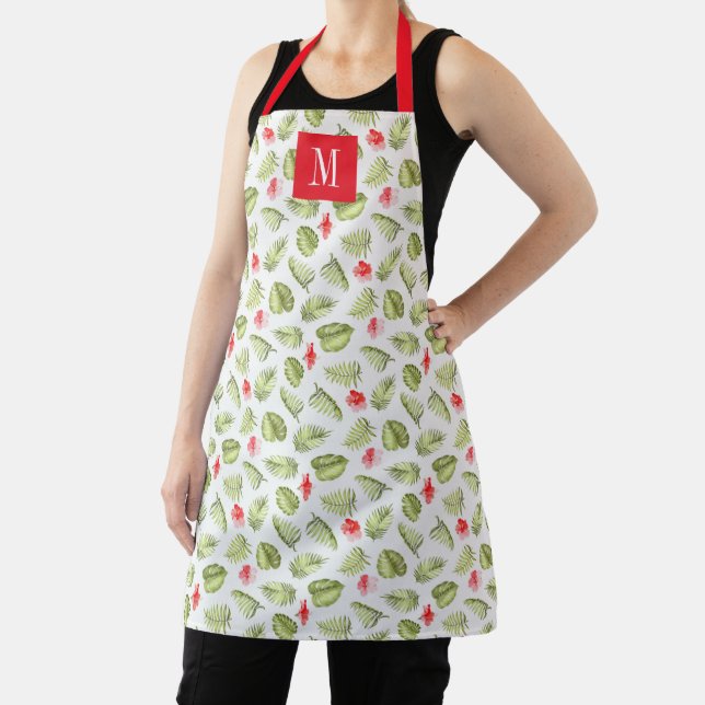 Monogram Green Red Botanical Palm Leaves  Apron (Insitu)