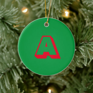 Monogram green red custom initial Christmas Ceramic Tree Decoration