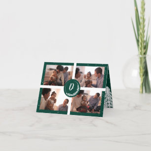 Monogram Green Snowy Pine Tree Forest 3-Photo Holiday Card