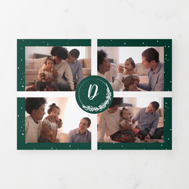 Monogram Green Snowy Pine Tree Forest 6-Photo Tri-Fold Holiday Card (Cover)