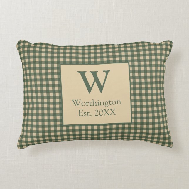 Monogram Green Tan Beige Buffalo Plaid Country  Decorative Cushion (Front)
