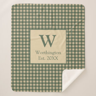 Monogram Green Tan Beige Buffalo Plaid Country Sherpa Blanket