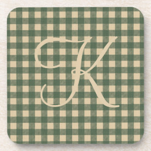 Monogram Green Tan Buffalo Plaid Rustic Country   Coaster