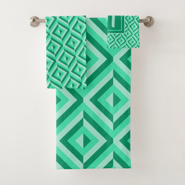 Monogram Green Three-Tone Diamond Pattern Bath Towel Set (Insitu)