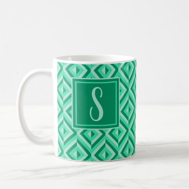 Monogram Green Three-Tone Diamond Pattern Coffee Mug (Left)