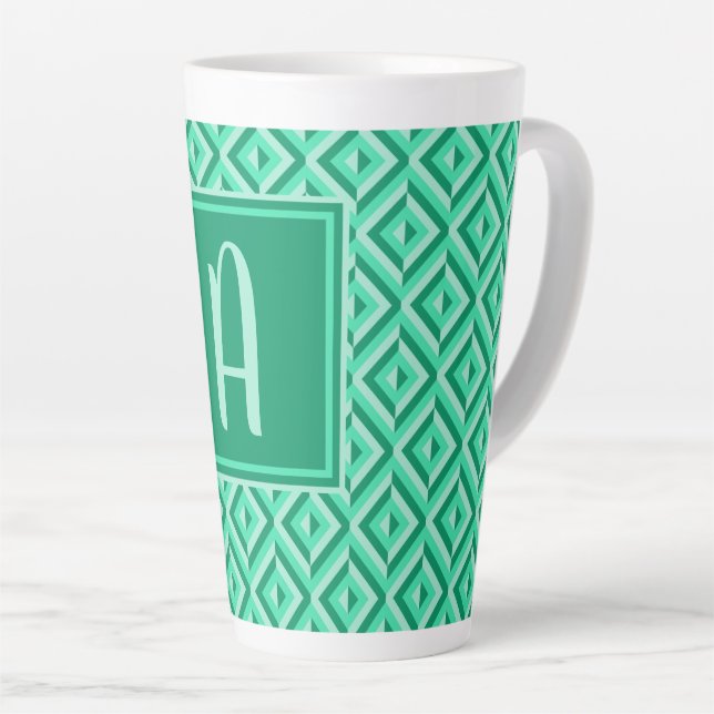 Monogram Green Three-Tone Diamond Pattern Latte Mug (Right Angle)