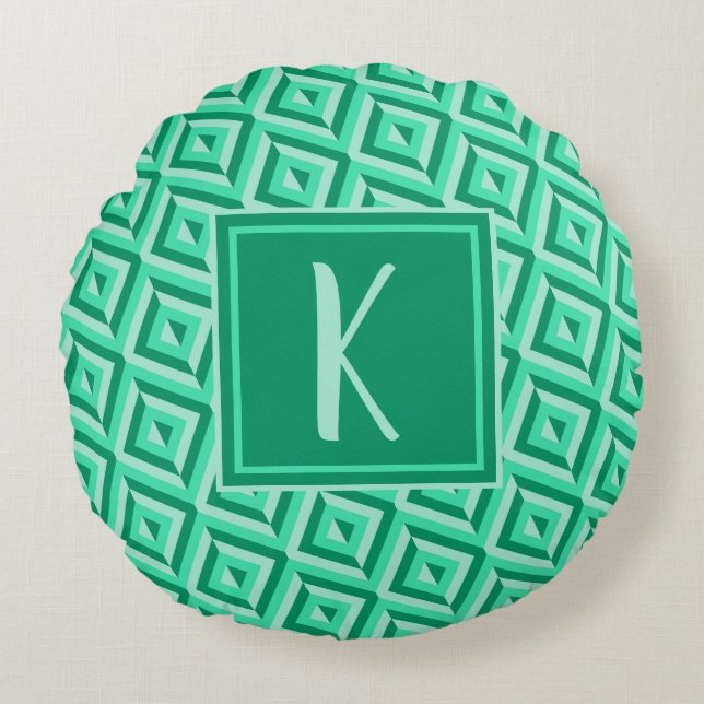 Monogram Green Three-Tone Diamond Pattern Round Cushion (Front)