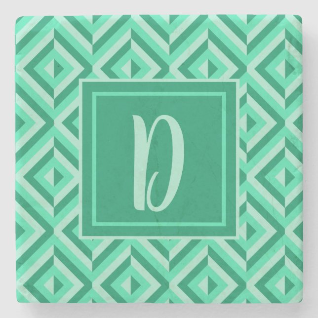 Monogram Green Three-Tone Diamond Pattern Stone Coaster (Front)