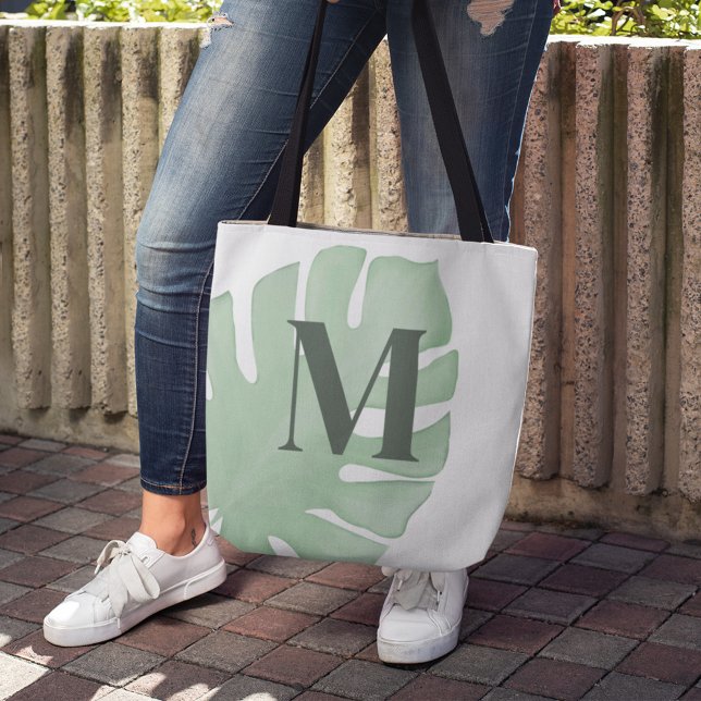 Monogram Green Tropical Palm Leaf Custom Tote Bag (Tropical Palm Leaf Monogram Tote Bag.)