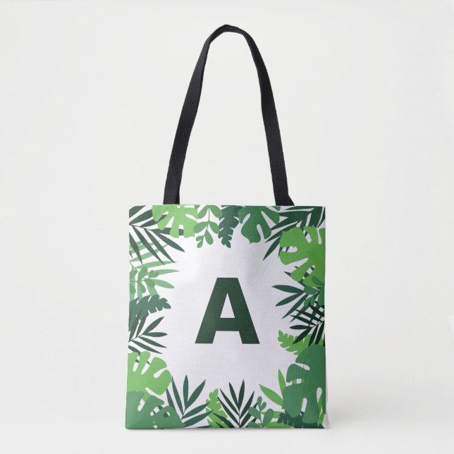 Monogram green tropical palm leaves floral tote bag (Front)