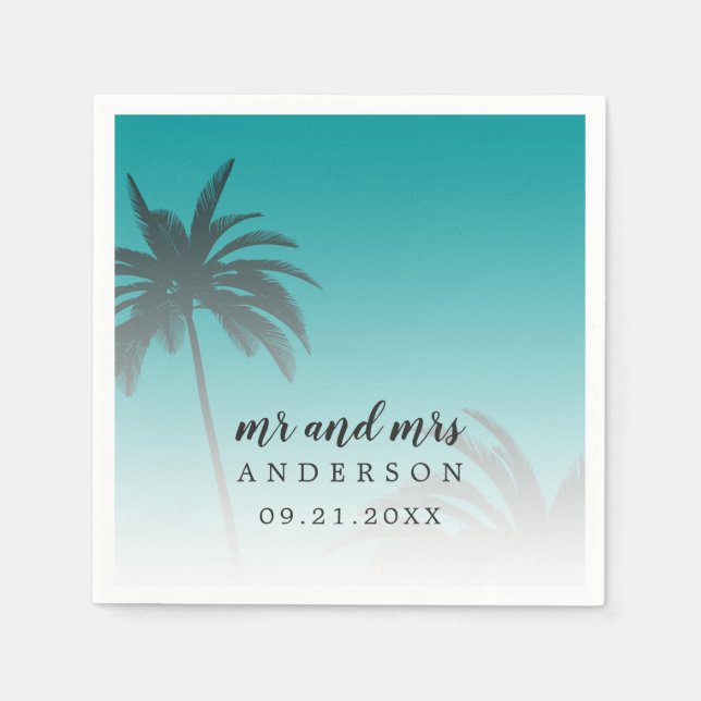 Monogram Green Tropical Palm Tree Beach Wedding Napkin (Front)
