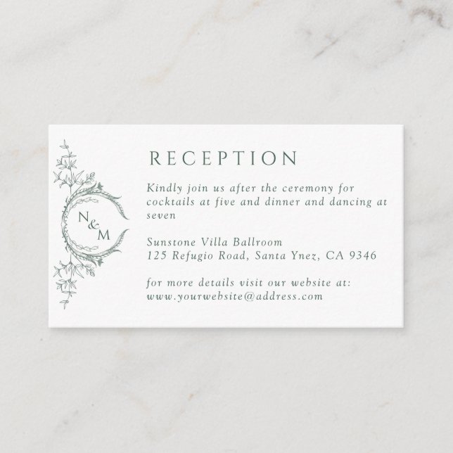 Monogram Green Watercolor Wedding Reception Enclosure Card (Front)