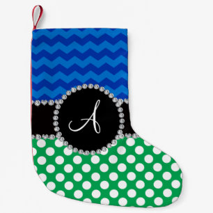 Monogram green white polka dots blue chevrons small christmas stocking