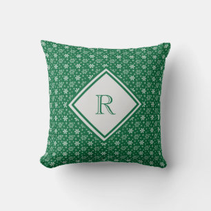 Monogram Green White Snowflakes Winter Christmas  Cushion