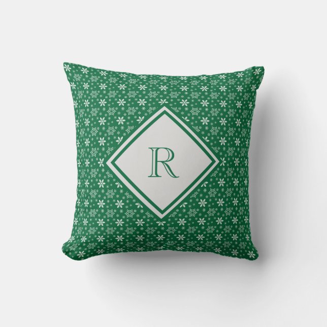 Monogram Green White Snowflakes Winter Christmas  Cushion (Front)