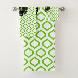 Monogram Green White Trellis Pattern Bath Towel Set