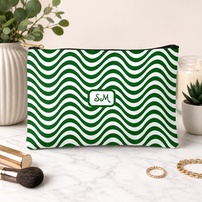 Monogram Green White Wavy Stripe Retro Chic Accessory Pouch (Monogram Green White Wavy Stripe Retro Chic Accessory Pouch)