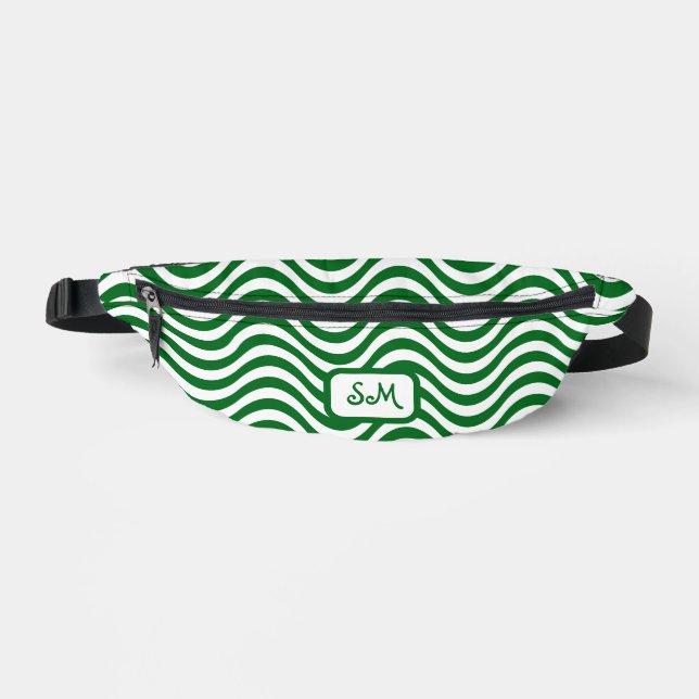 Monogram Green & White Wavy Stripes Psychedelic Bum Bags (Front)