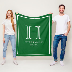 Monogram Green & White Wedding Couples Names Fleece Blanket