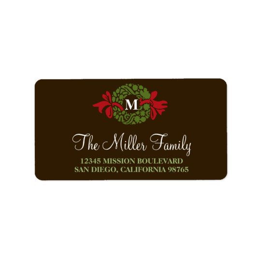 Monogram green wreath brown holiday return address address label