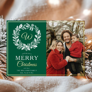 Monogram Green Wreath Merry Christmas Photo Foil Holiday Card
