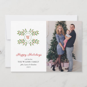 Monogram Greenery and Citrus Happy Holiday  Card