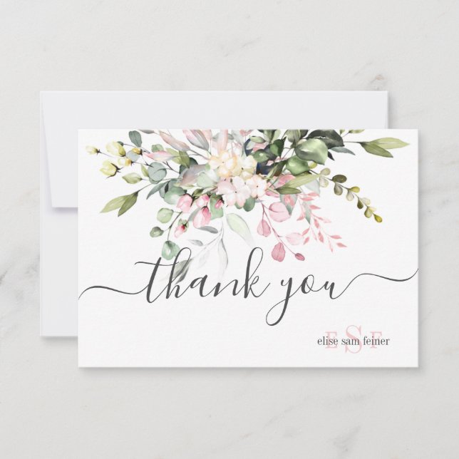 Monogram Greenery Blush Eucalyptus Flat Thank You Card (Front)