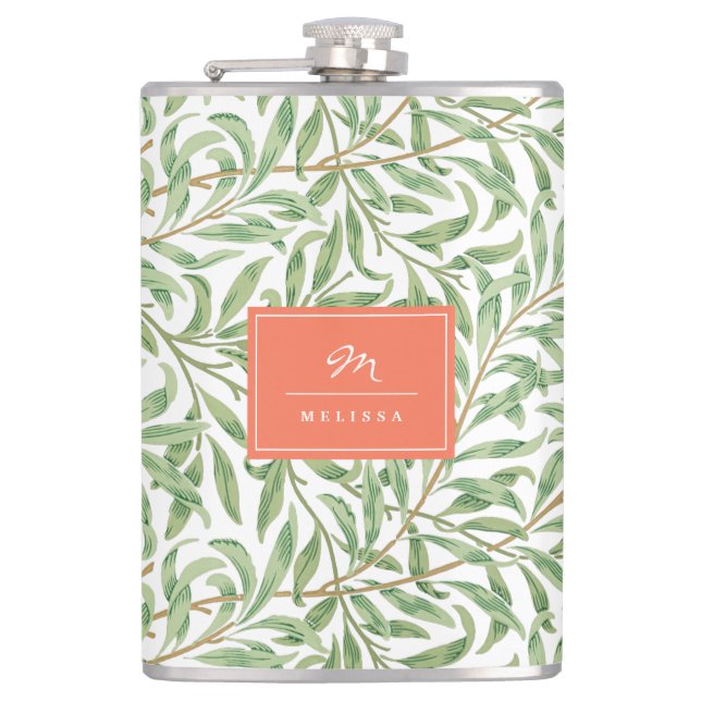 Monogram Greenery Botanical Pattern Green Orange Hip Flask (Front)