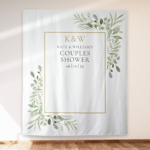 Monogram Greenery Couples Shower Photo Backdrop Tapestry