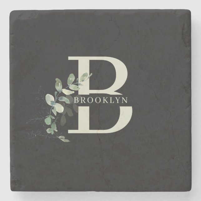 Monogram Greenery Dark Grey Stone Coaster (Front)
