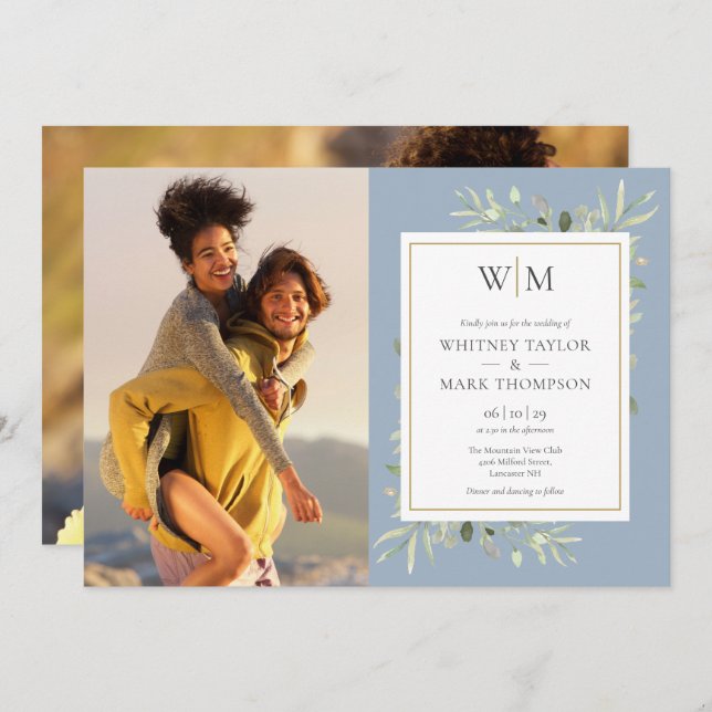 Monogram Greenery Dusty Blue Photo Wedding Invitation (Front/Back)