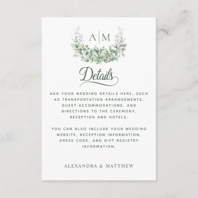 Monogram Greenery Elegant Wedding Details Enclosure Card (Front)