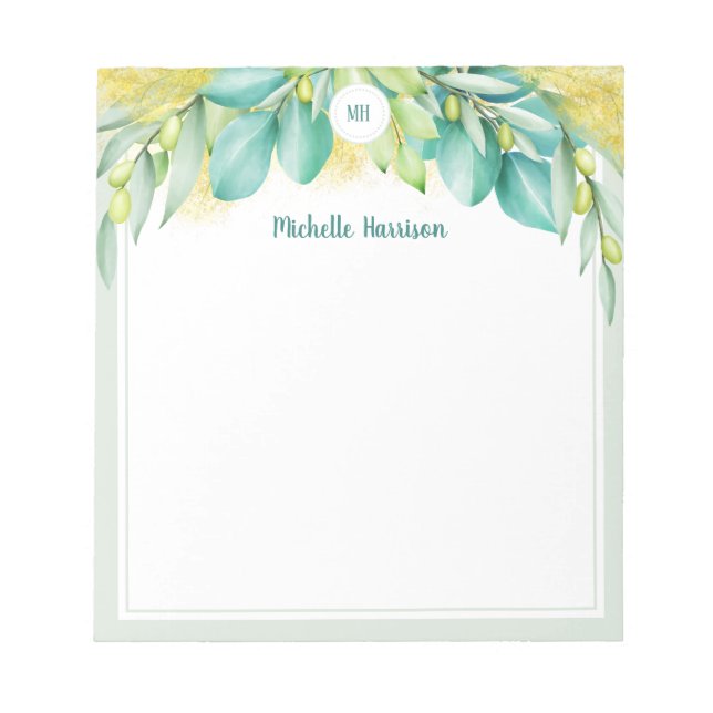 Monogram Greenery Eucalyptus Leaves Olive Notepad (Front)