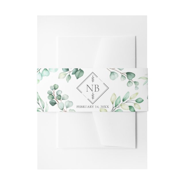 Monogram Greenery Eucalyptus Watercolor Wedding Invitation Belly Band (Front Example)