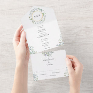 Monogram Greenery Floral Garland Gold Wedding All  In One Invitation