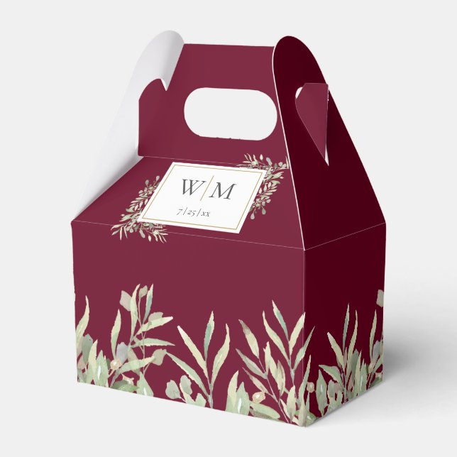 Monogram Greenery Foliage Burgundy Wedding Favour Box (Front Side)