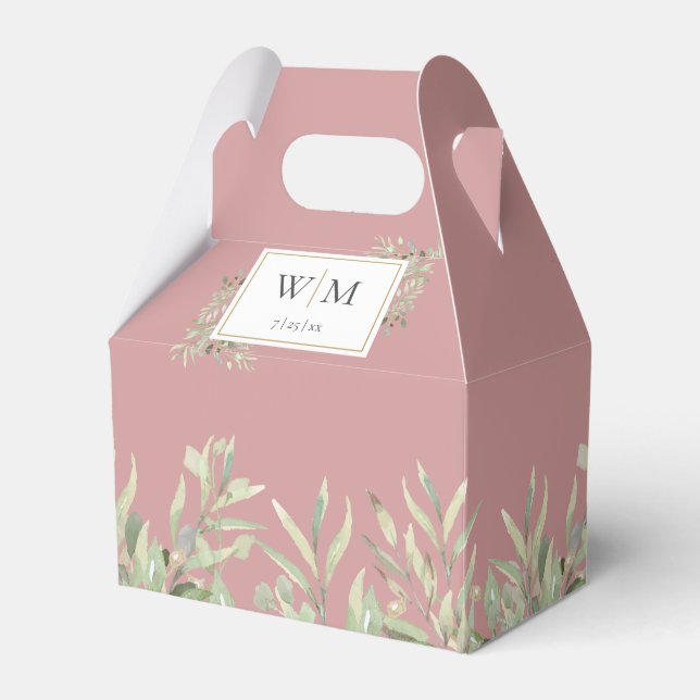 Monogram Greenery Foliage Dusty Rose Weddin Favour Box (Front Side)