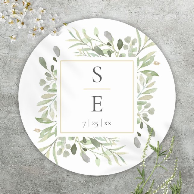 Monogram Greenery Foliage Gold Wedding Classic Round Sticker (Monogram Greenery Foliage Gold Wedding Classic Round Sticker)