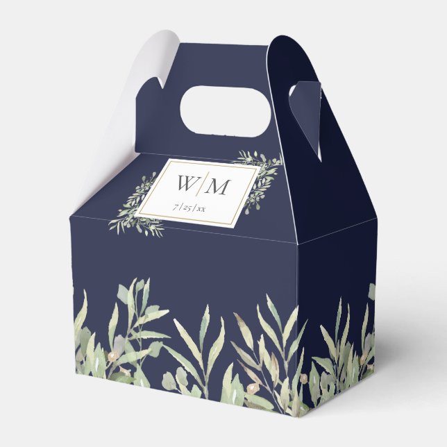 Monogram Greenery Foliage Navy Blue Wedding Favour Box (Front Side)