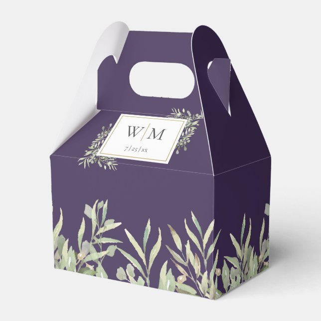 Monogram Greenery Foliage Purple Wedding Favour Box (Front Side)