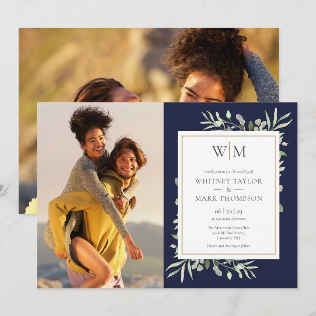 Monogram Greenery Navy Blue Photo Wedding Invitation (Front/Back)