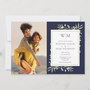 Monogram Greenery Photo Navy Blue Wedding Invitation