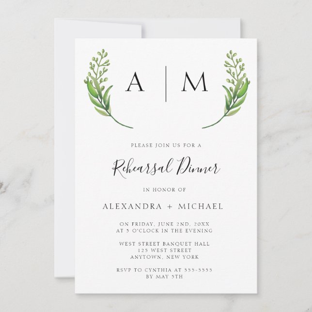 Monogram Greenery Rehearsal Dinner Invitations (Front)