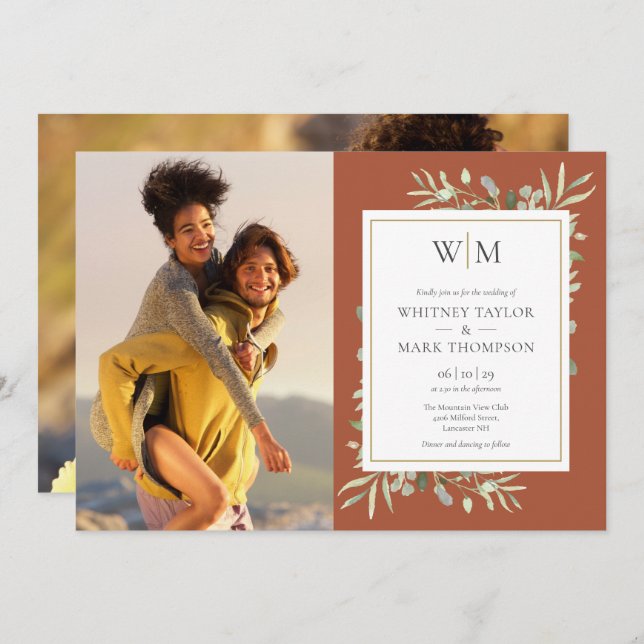 Monogram Greenery Terracotta Photo Wedding Invitation (Front/Back)