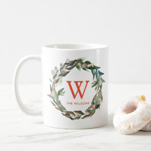 Monogram Greenery Wreath Christmas Holiday Coffee Mug