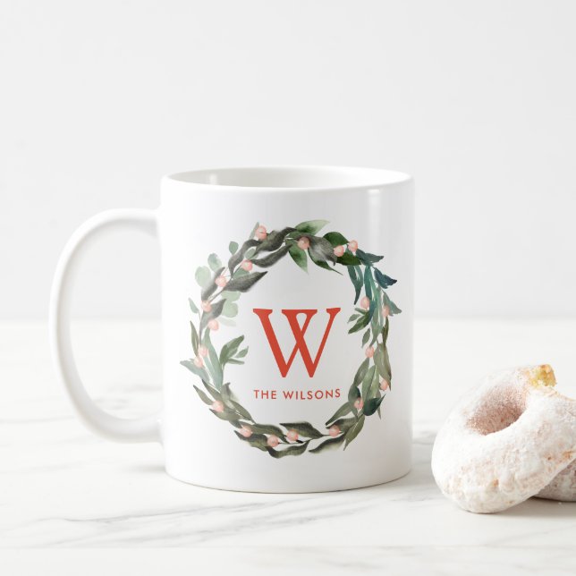 Monogram Greenery Wreath Christmas Holiday Coffee Mug (With Donut)