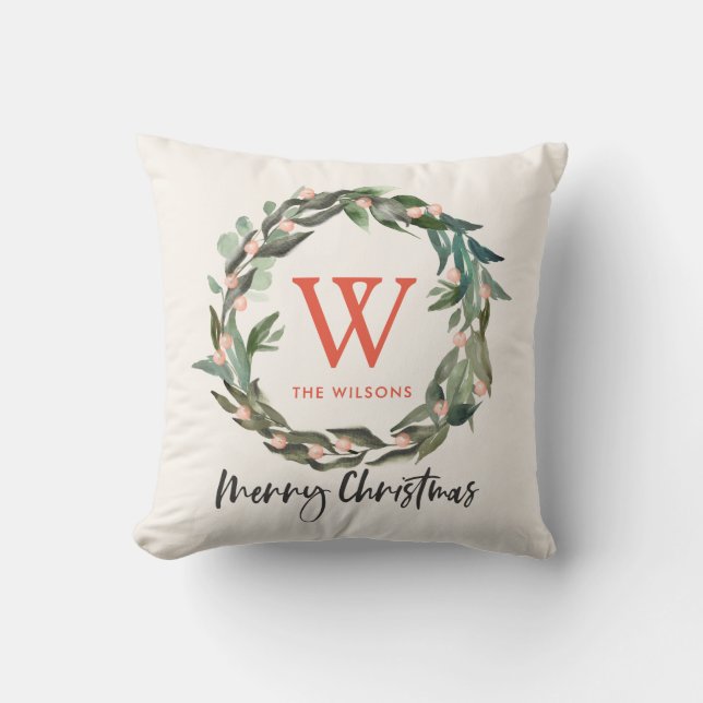 Monogram Greenery Wreath Christmas Holiday Cushion (Front)